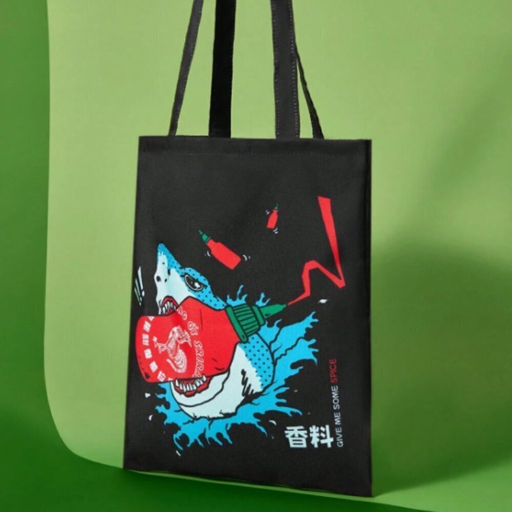 Siracha Shark Shopping Bag Tote Reusable Black Blue Red